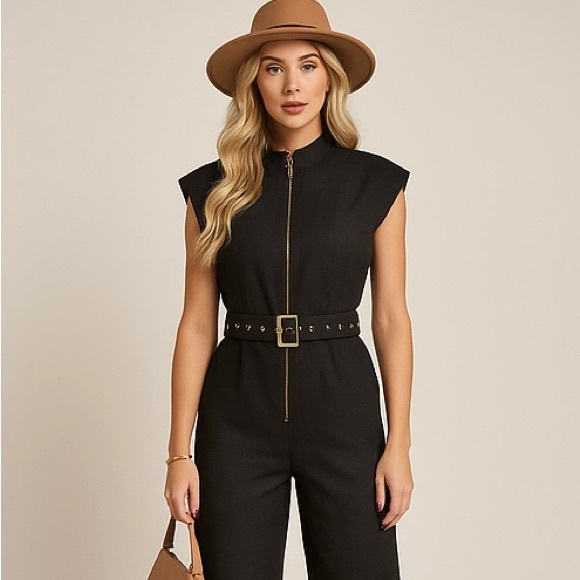 NWT 100% Cotton Black Gold Front-Zip Capped Sleeve Jumpsuit with Belt, XL - Picture 3 of 12